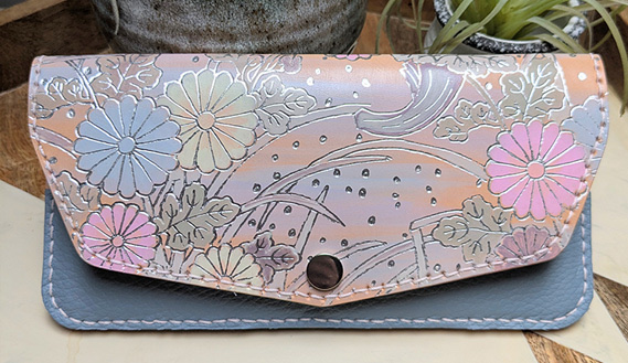 “Japanese Floral Wallet”, 2025 — long wallet in pastel iridescence with pink and blue chrysanthemums over a slate base